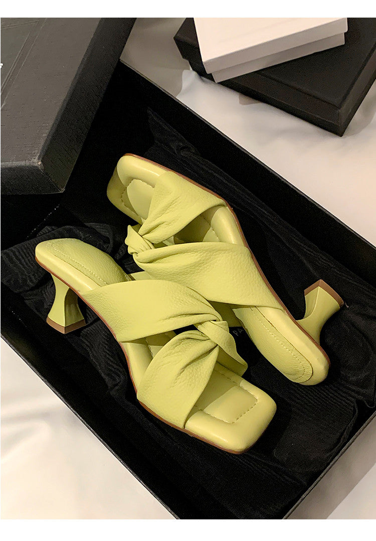 Karin Luna In Stock In Stock  Comfortable Cross Strap  Airy High Heel Square Toe Slippers
