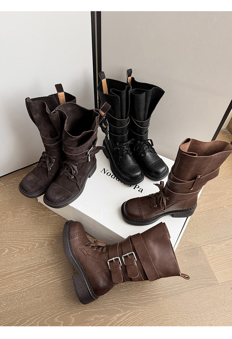 Karin Luna Bestseller Hot-Selling Large Tube Leather Belt Buckle Round Toe Thick-Soled Short Boots