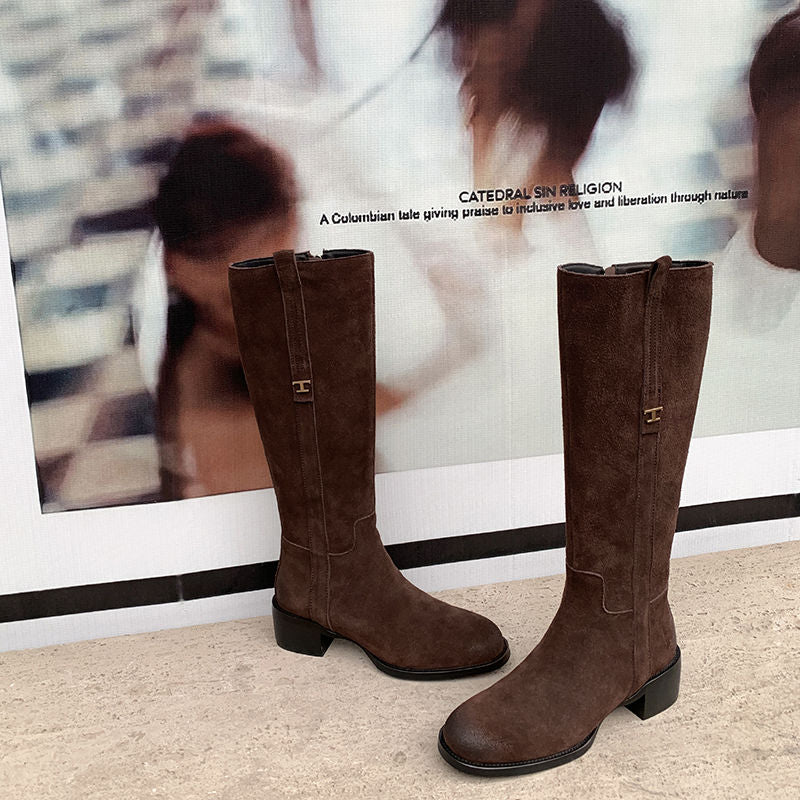 Karin Luna In Stock Spot Goods Basic Retro Square Toe Chunky Heel Riding Boots