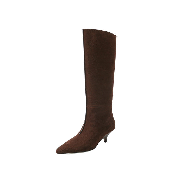 Karin Luna In Stock Spot Goods Retro Cowhide Pointed Toe Stiletto Elegant Long Boots