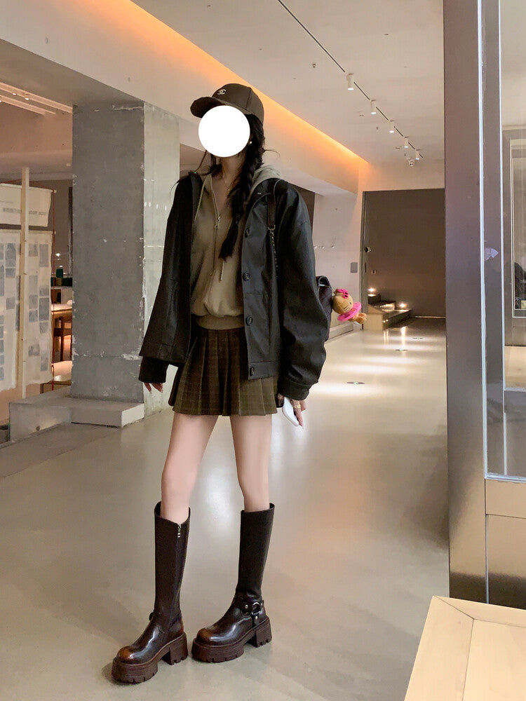 Karin Luna In Stock In Stock Slimming Diagonal Cut Tube Top  Best-selling in stock Retro Metal Buckle Thick-Soled Long Boots