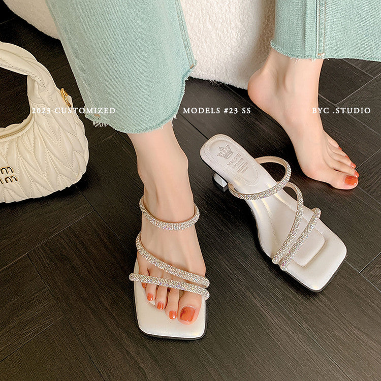 Karin Luna In Stock Spot Goods  Minimalist Versatile Square Toe Rhinestone Strap Open-Toe Sandals