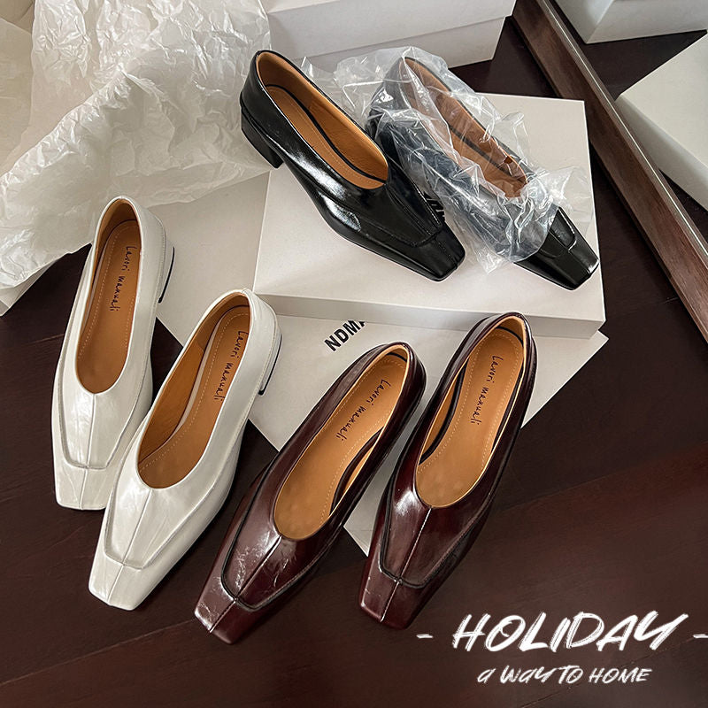 Karin Luna In Stock Spot Goods  Retro Full Leather Square Toe Shallow Mouth Single Shoes