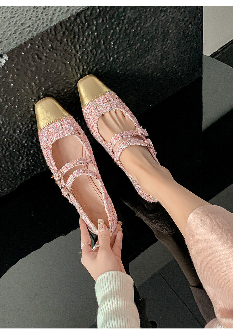 Karin Luna Classic Chanel Style~ Tweed Spring Limit Square Toe Chunky Heel Mary Jane Strap Single Shoes