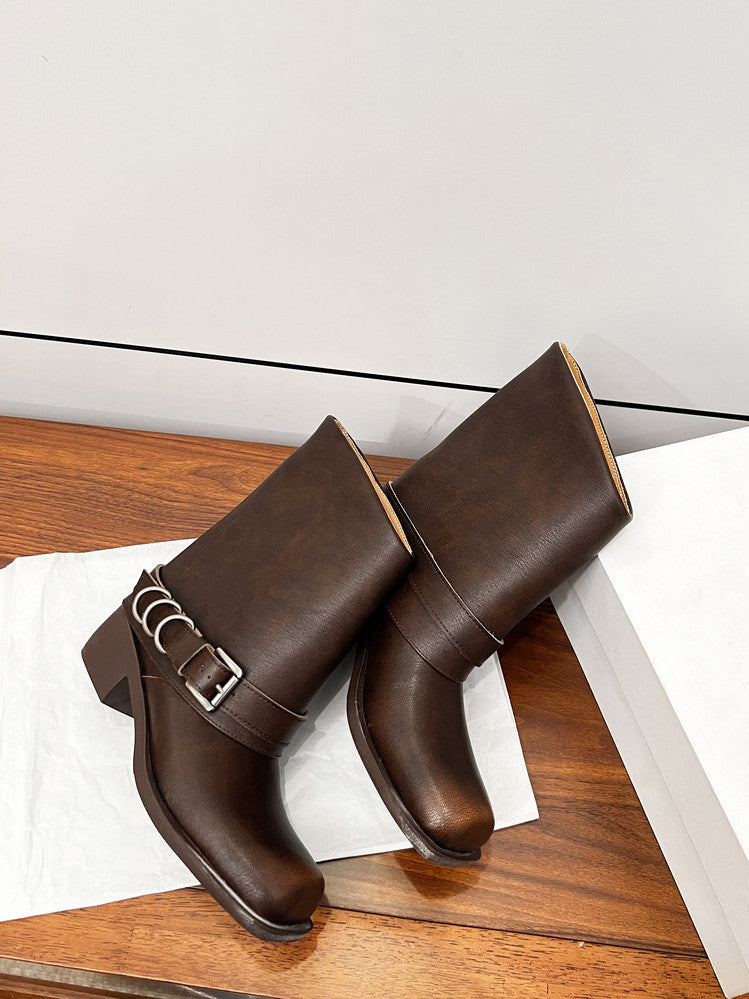 Karin Luna Elegant Style Square Toe Belt Buckle Pants Boot Short Boots