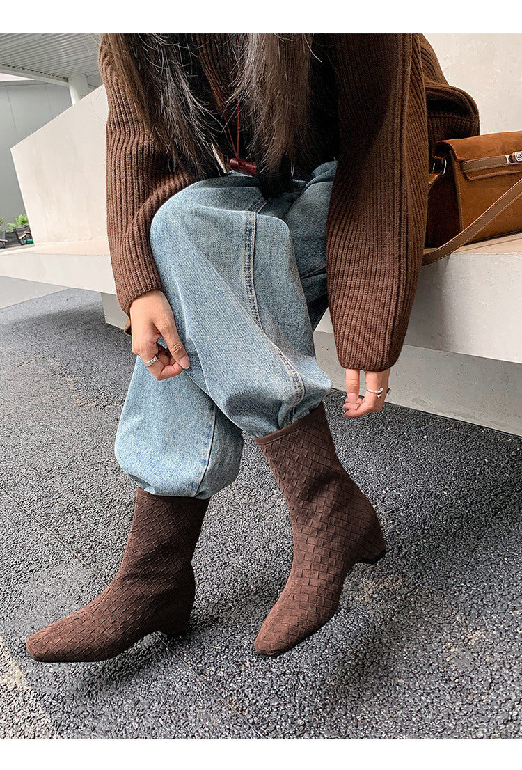 Karin Luna Handmade Woven Fabric Small Square Toe Hidden Heel Short Boots