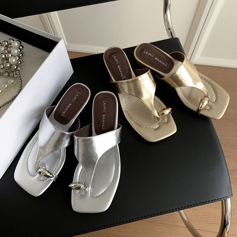 Karin Luna In Stock Spot Goods Clip-toe Square Toe Metal Buckle Minimalist Slippers