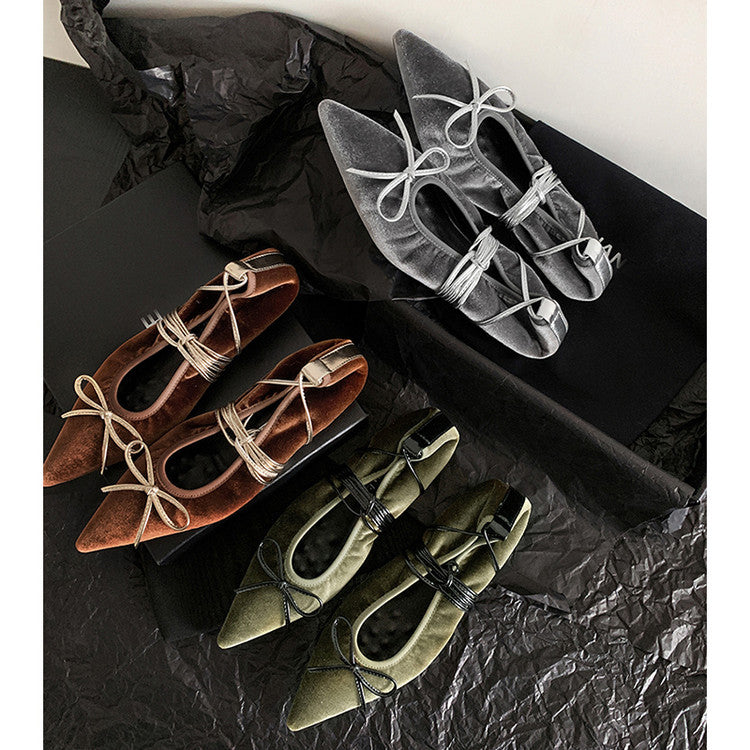 Karin Luna In Stock In Stock Retro Velvet Pointed Toe Bowknot Single Shoes