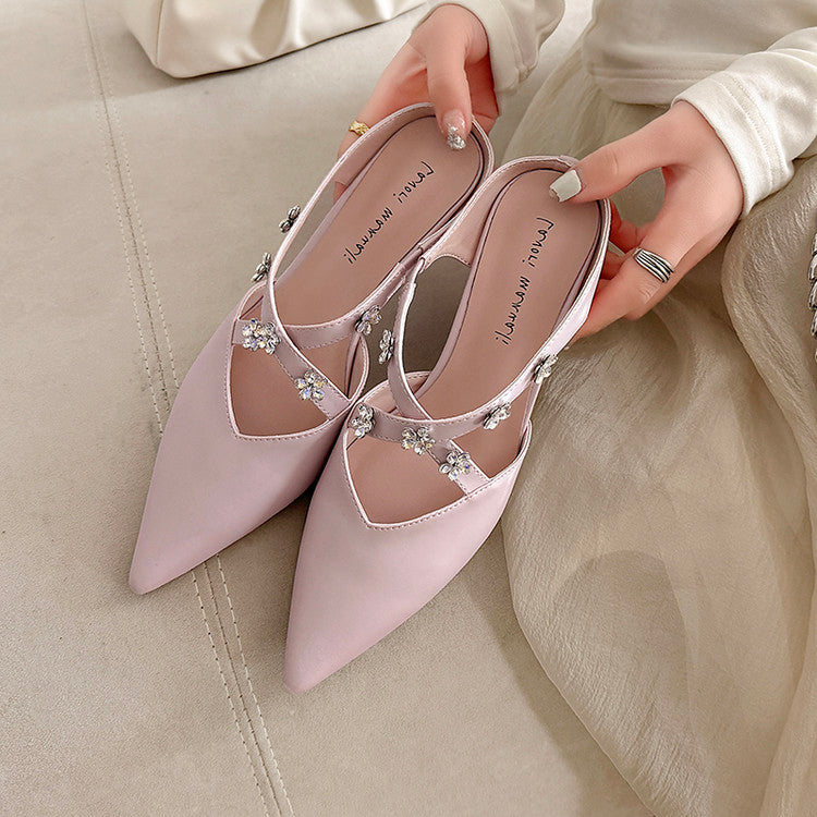 Karin Luna Elegant Pointed Toe Rhinestone Flower High Heel Mules