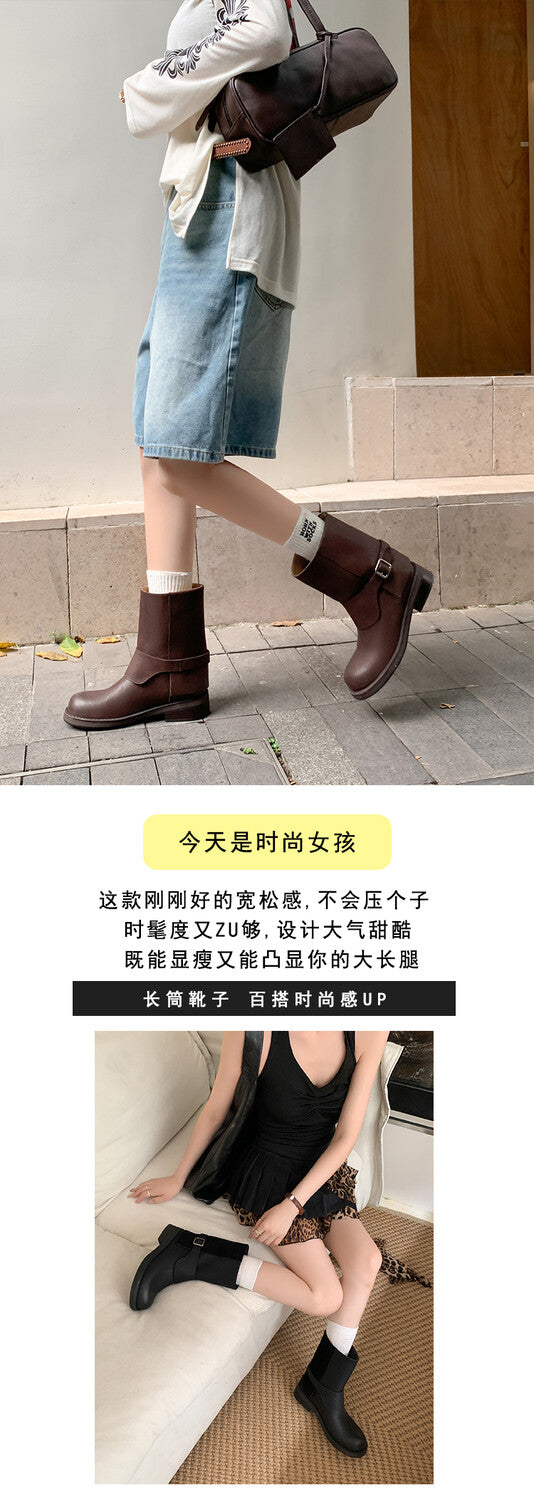 Karin Luna Belt Buckle Chunky Heel Fashion Short Boots