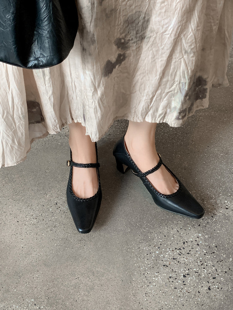 Karin Luna Braided Element Design Chunky Heel Square Toe Single Strap Shoes