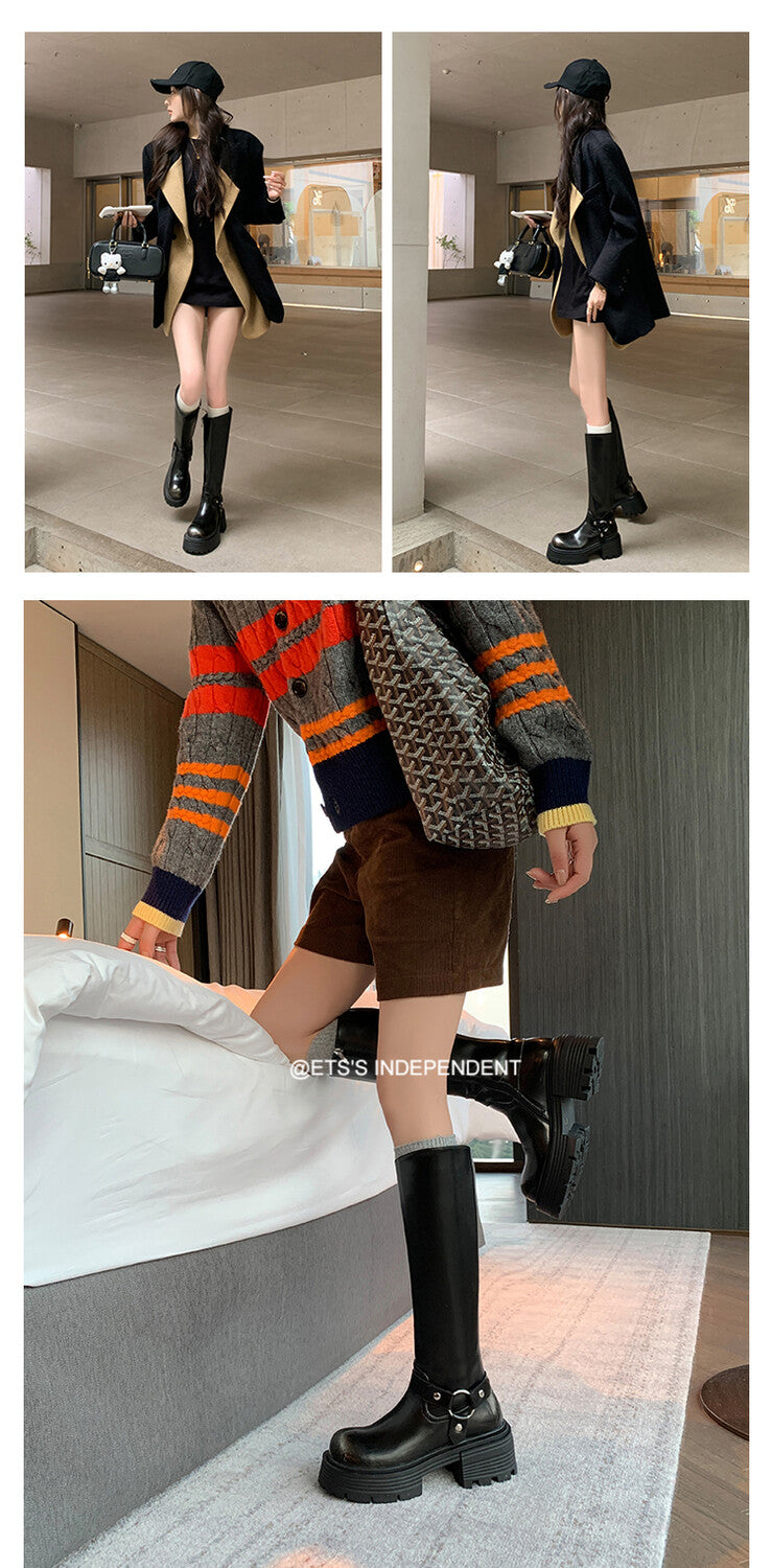 Karin Luna In Stock In Stock Slimming Diagonal Cut Tube Top  Best-selling in stock Retro Metal Buckle Thick-Soled Long Boots