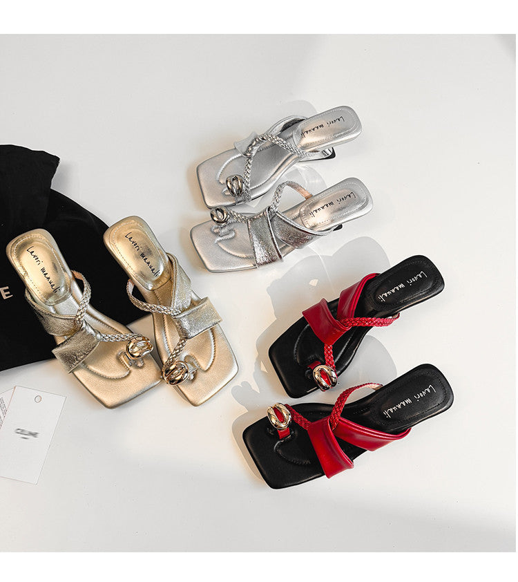 Karin Luna Braided Style ~Cross Strap Square Toe Irregular Heel Slippers
