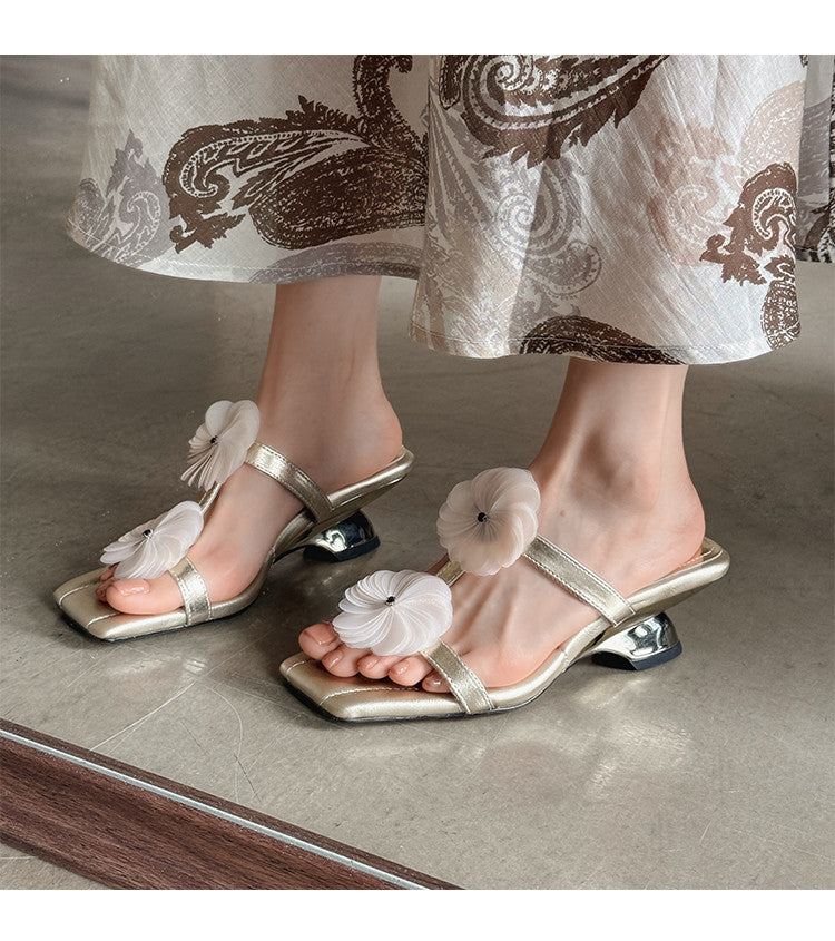 Karin Luna Hot-Selling Floral Square Toe Irregular Heel Floral Slippers