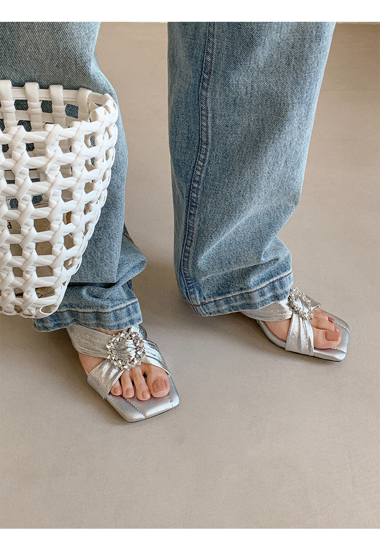 Karin Luna In Stock In Stock Elegant Square-Toe Cross-Strap Rhinestone Square-Toe Slippers