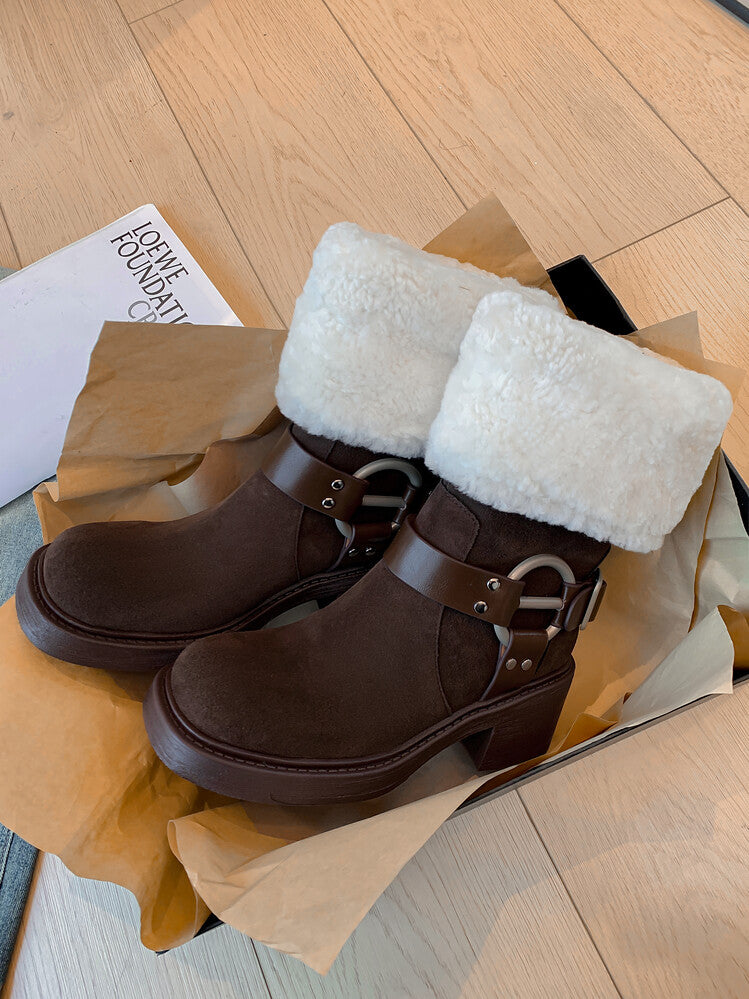 Karin Luna Genuine Lamb Wool and Cowhide Leather Hot-selling Metal Buckle Round Toe Chunky Heel Main Push Main Push