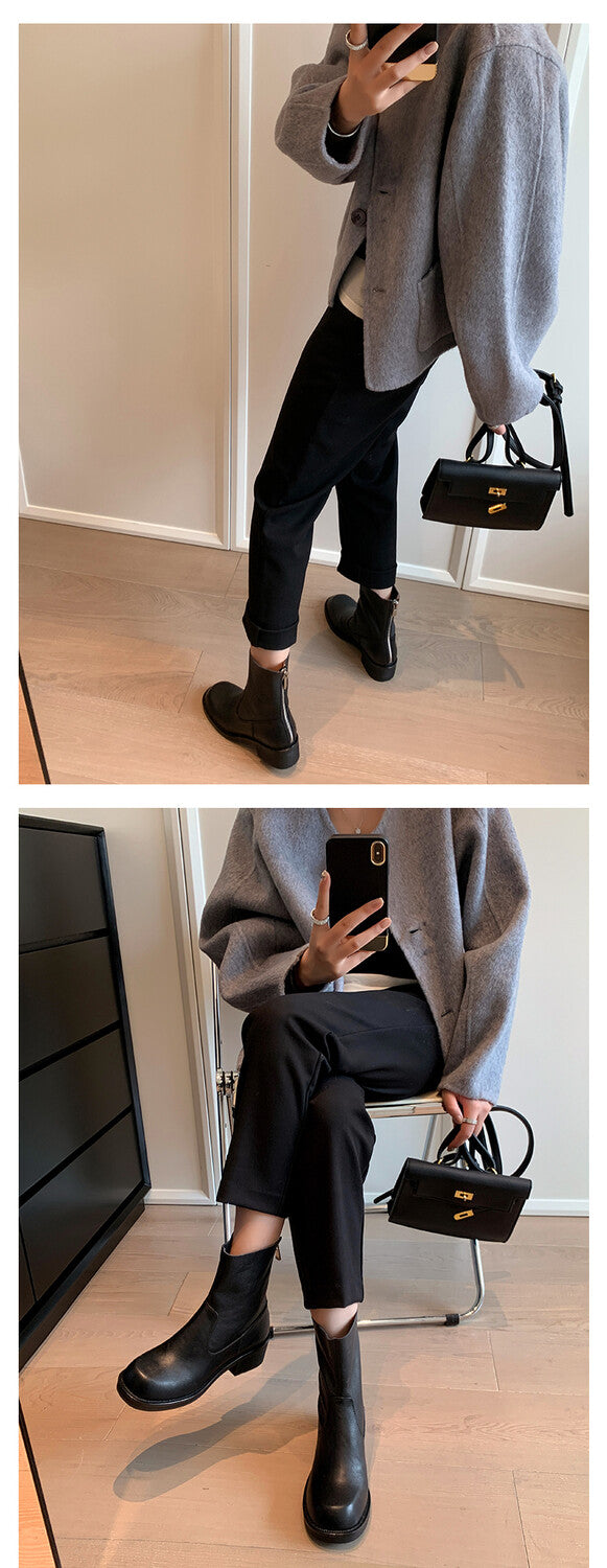Karin Luna In Stock Spot Goods  Full-grain leather inside and out   Minimalist Texture  Round Toe Flat Bottom Basic Short Boots