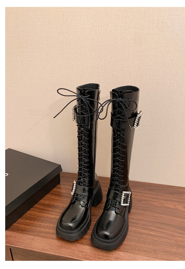 Karin Luna In Stock Spot Goods Bestselling Extended Version Rhinestone Square Buckle Thick Sole Lace-up Thick Sole Full Cowhide Knight Boots