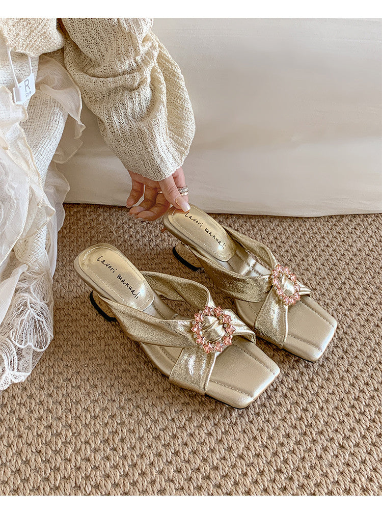 Karin Luna In Stock In Stock Elegant Square-Toe Cross-Strap Rhinestone Square-Toe Slippers