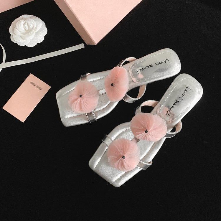 Karin Luna Hot-Selling Floral Square Toe Irregular Heel Floral Slippers