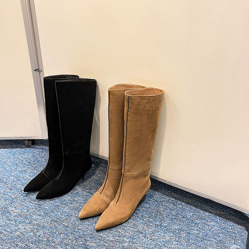 Karin Luna In Stock Spot Goods Retro Cowhide Pointed Toe Stiletto Elegant Long Boots
