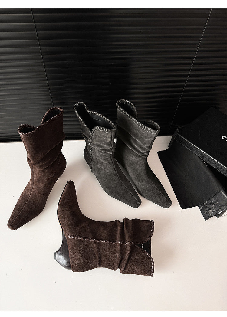 Karin Luna Small Square Toe Retro Ruched Pile Short Boots