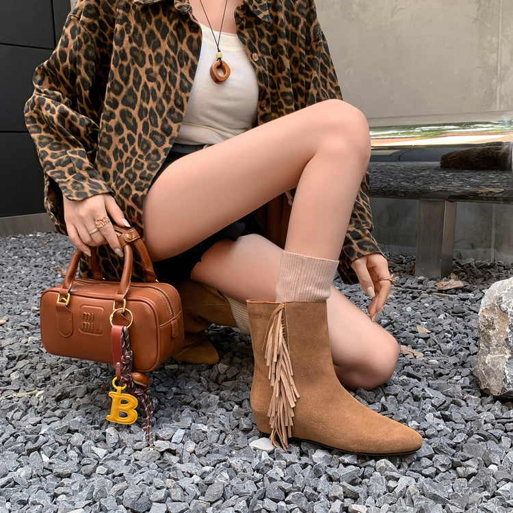 Karin Luna In Stock Spot Goods Tassel Square Toe Hidden Wedge Short Boots