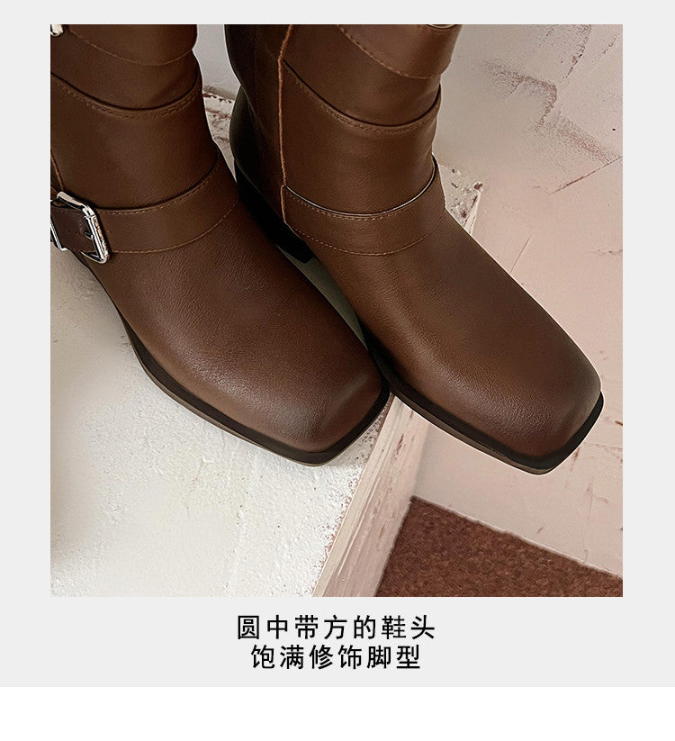 Karin Luna In Stock In Stock European and American Style Square Toe Thick Sole Belt Buckle Long Boots