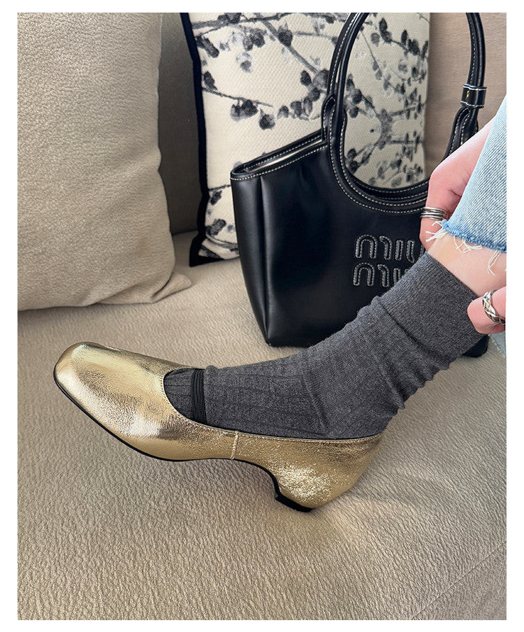 Karin Luna In Stock Spot Goods    Retro Elastic Band Chunky Heel Single Shoes