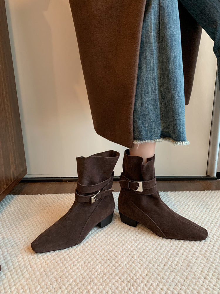 Karin Luna In Stock In Stock Hot-Selling Basic Old Money Style Retro Belt Buckle Short Boots