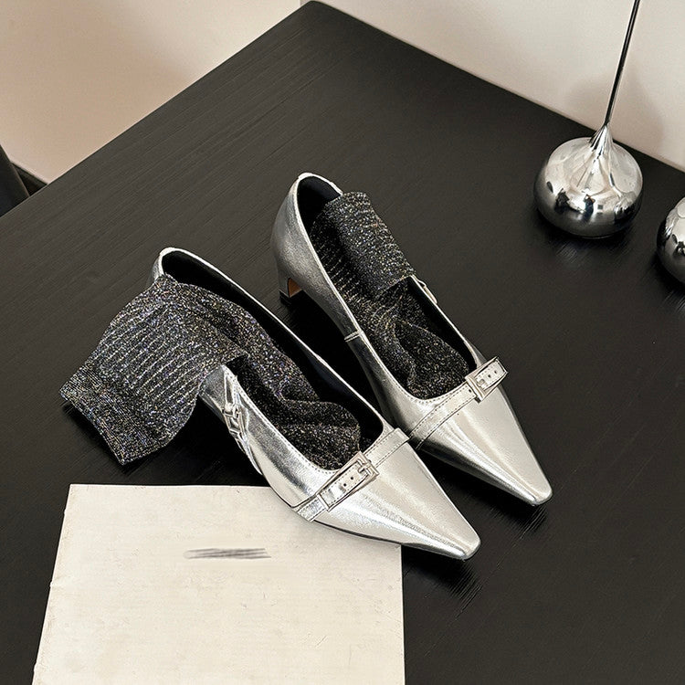 Karin Luna In Stock In Stock Retro Belt Buckle Small Square Toe Chunky Heel Single Shoes