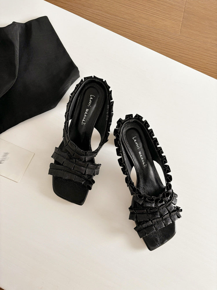 Karin Luna In Stock  Spot Goods  Unique Square-Toe Pleated Lace Sandals