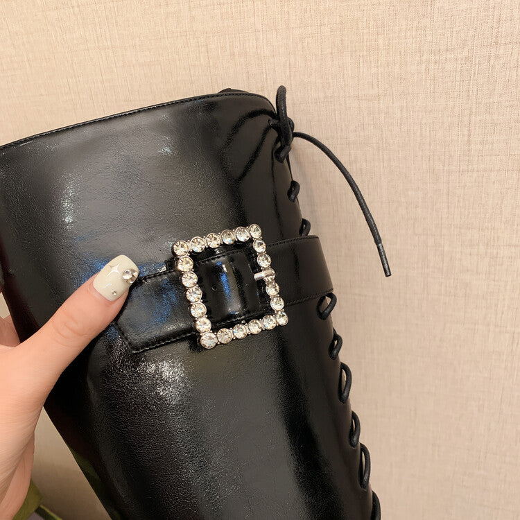 Karin Luna In Stock Spot Goods Bestselling Extended Version Rhinestone Square Buckle Thick Sole Lace-up Thick Sole Full Cowhide Knight Boots