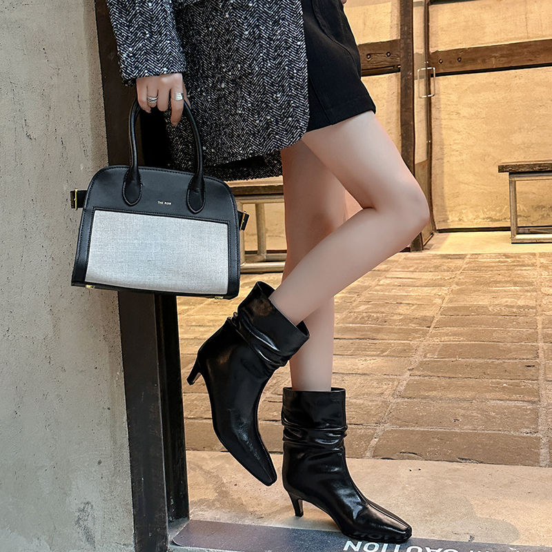Karin Luna In Stock Spot Goods  Retro Wrinkled Small Square Toe Short Boots