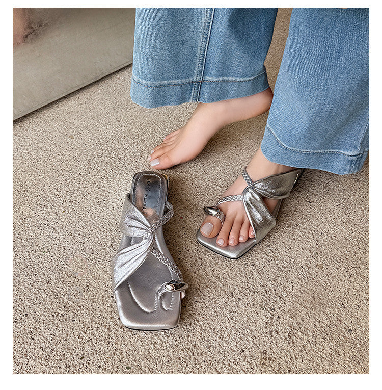 Karin Luna  Square Toe Braided Cross Thick Heel Flat Slippers