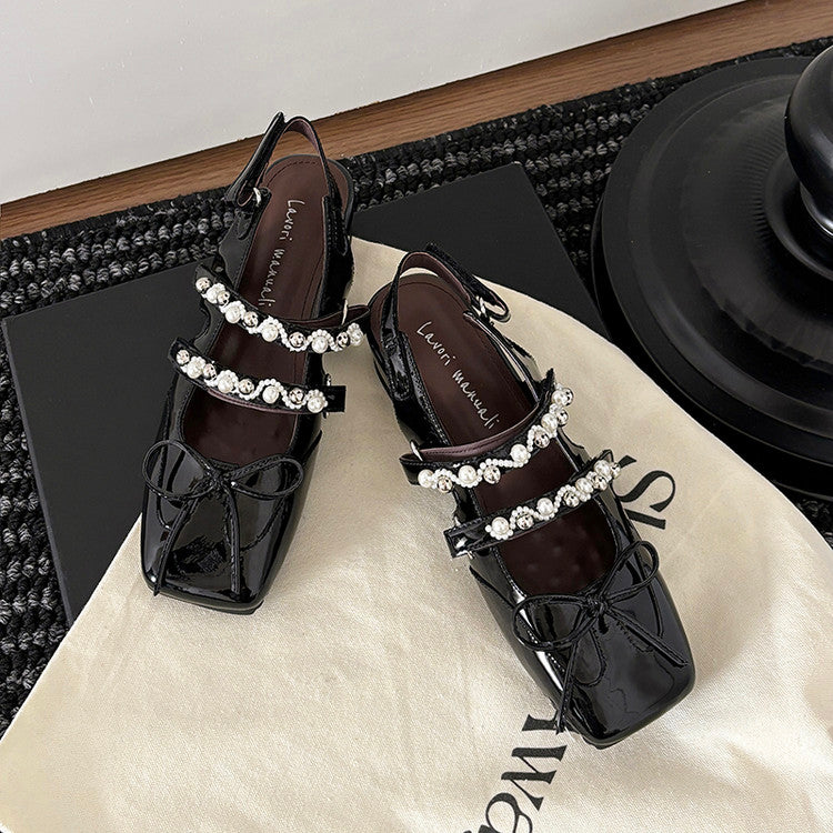 Karin Luna In Stock In Stock  Square Toe Bowknot Pearl Strap Closed-Toe Sandals
