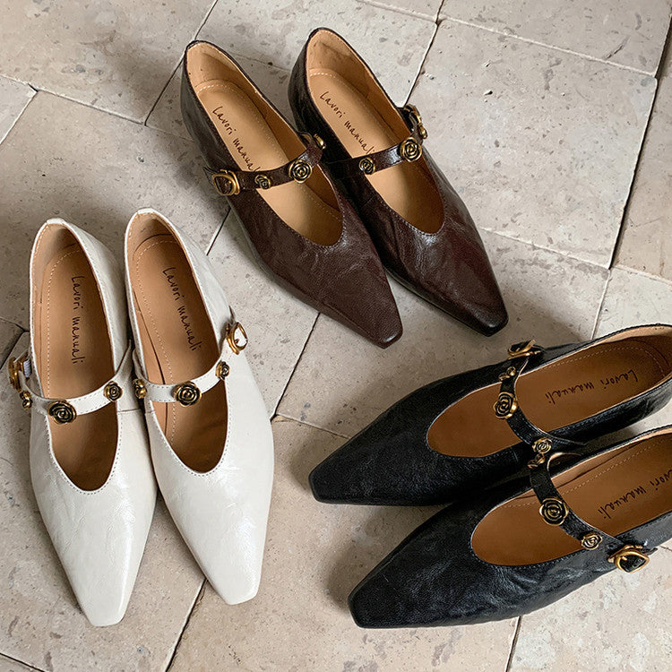 Karin Luna In Stock Spot Goods    Retro Classic Metal Camellia Irregular Heel Single Shoes