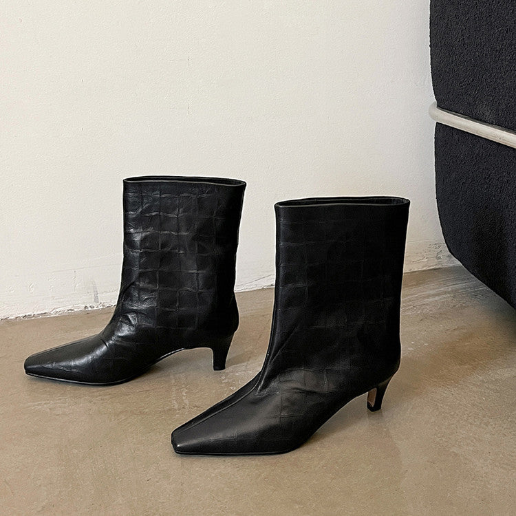 Karin Luna In Stock Spot Goods Top Layer Stone Pattern Cowhide Textured Small Square Toe Straight Short Boots