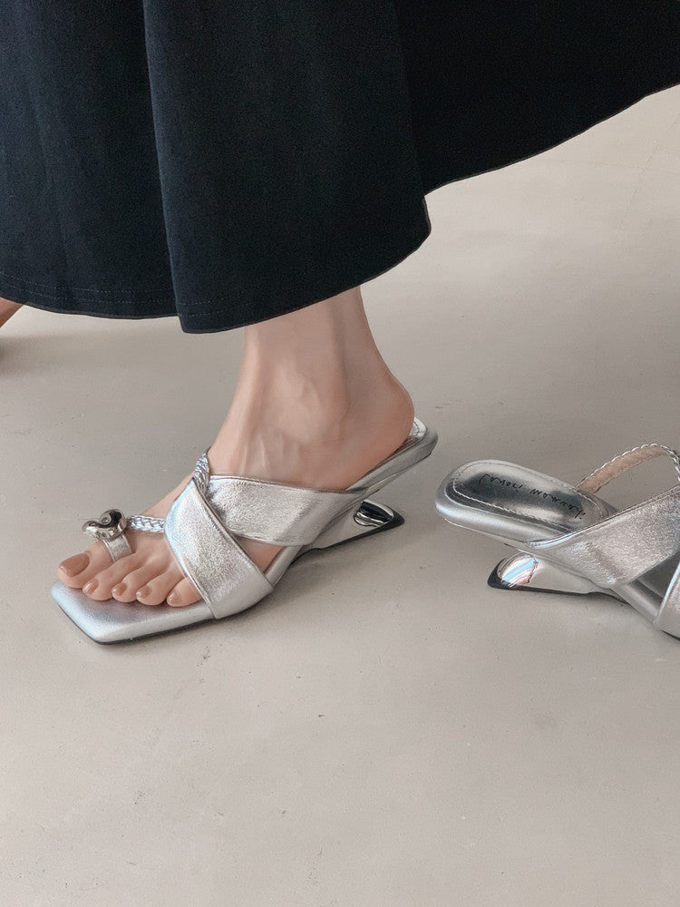 Karin Luna Braided Style ~Cross Strap Square Toe Irregular Heel Slippers