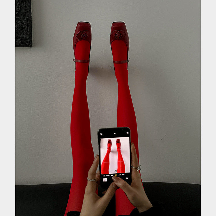 Karin Luna In Stock Spot Goods  Vintage Three-Dimensional Camellia Square-Toed Mary Jane Shoes