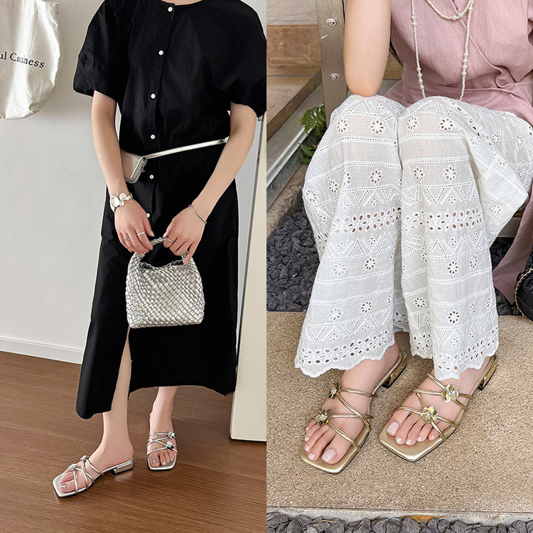 Karin Luna In Stock    Spot Goods    Square Toe One-Strap Sequin Flower Flat Slippers
