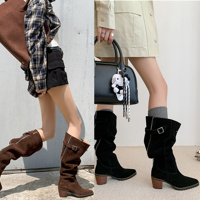 Karin Luna In Stock Spot Goods Retro Cowhide Leather Chunky Heel Suede Long Boots