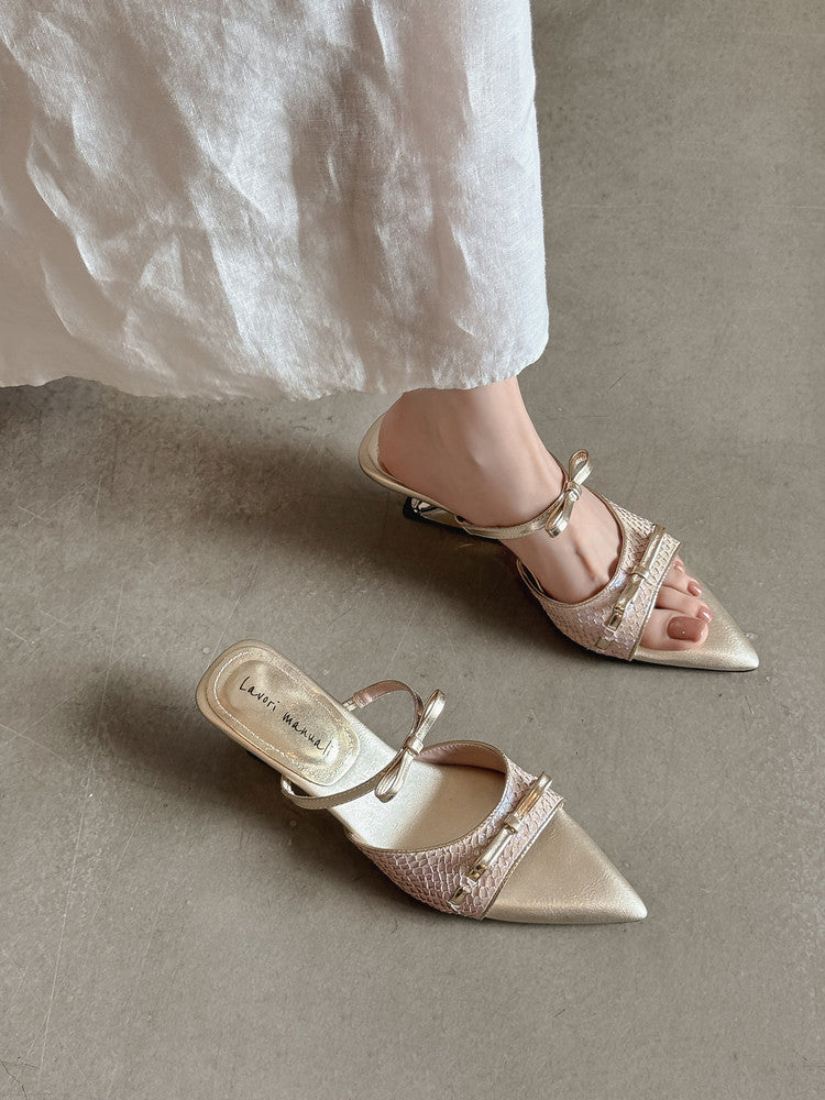 Karin Luna Fish Skin Series~Pointed Toe Irregular Heel Bowknot Strap Slippers