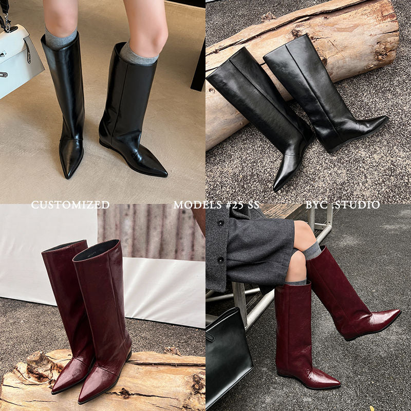 Karin Luna Elegant Style Pointed Toe Internal Height Increase Slip-On Long Boots