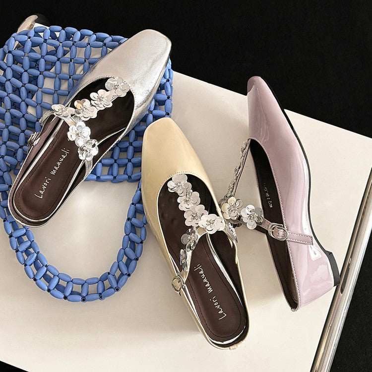 Karin Luna In Stock Spot Goods  T Handmade Sequin Flower Square Toe Height-Increasing Closed-Toe Slippers