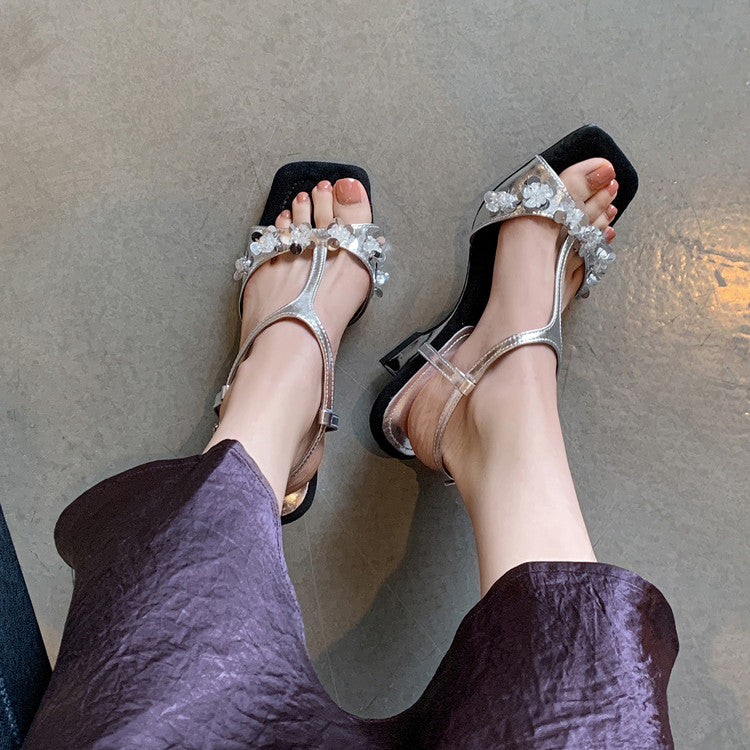 Karin Luna Hot-Selling Sequin Floral Series ~  Square Toe Irregular Heel Square Toe Sandals