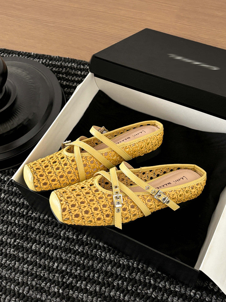 Karin Luna In Stock Spot Goods  Hot-Selling Square-Toe Woven Pig Nose Closed-Toe Slippers
