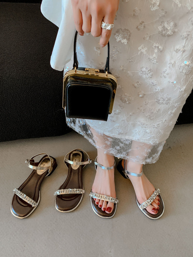 Karin Luna In Stock In Stock  Rhinestone Strap Round Toe Chunky Heel Sandals
