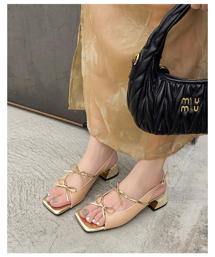 Karin Luna In Stock Spot Goods Square Toe Double Bow Thick Heel Sandals