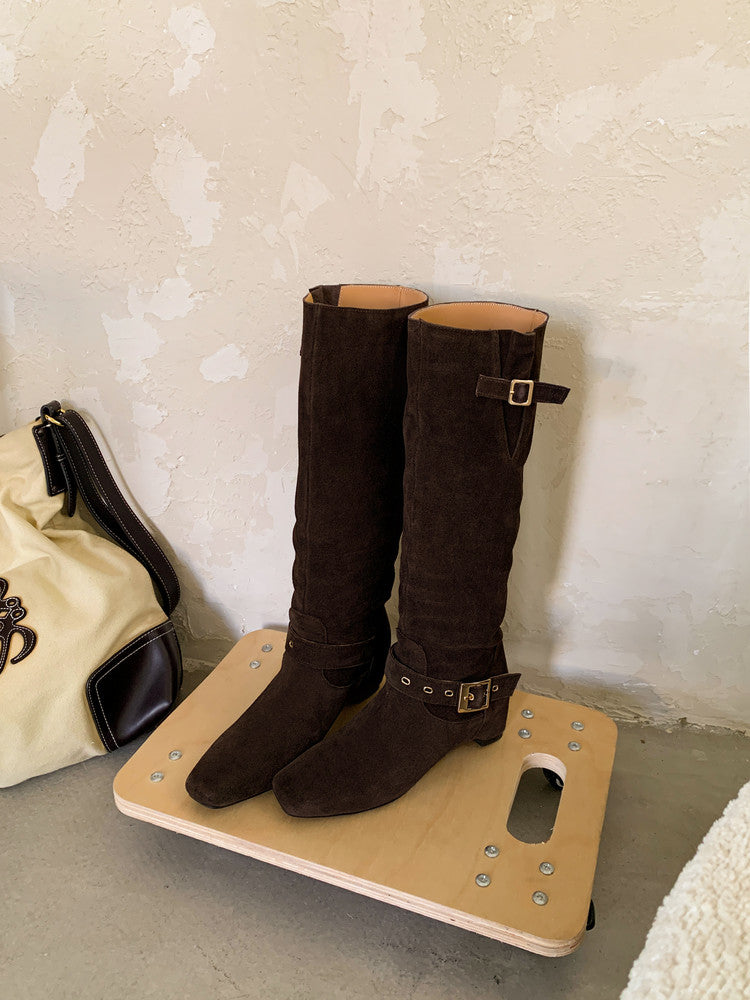 Karin Luna Data Model Belt Buckle Matte Square Toe Hidden Wedge Slouch Western Boots